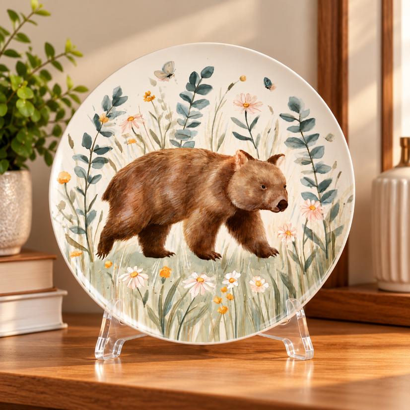 Woodland Wombat Wildflower Nursery Decorative Wall Plate displayed on a tabletop stand