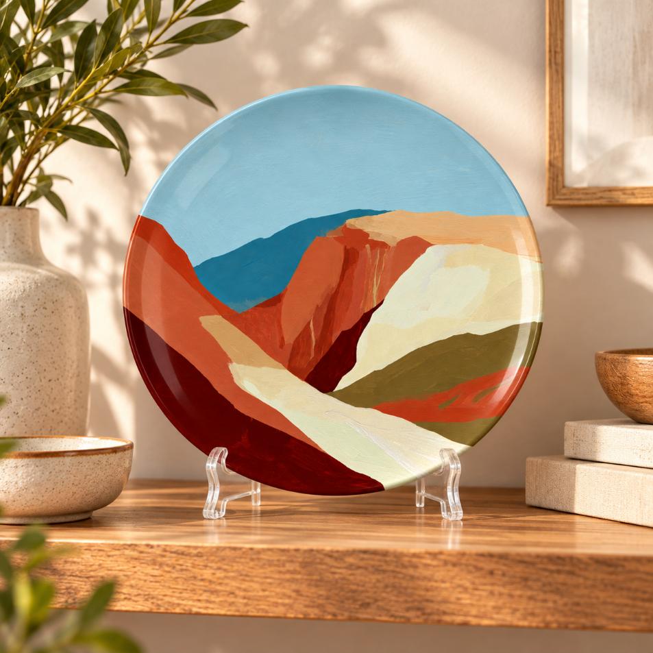 Desert Canyon Colour Block Decorative Wall Plate on a tabletop stand
