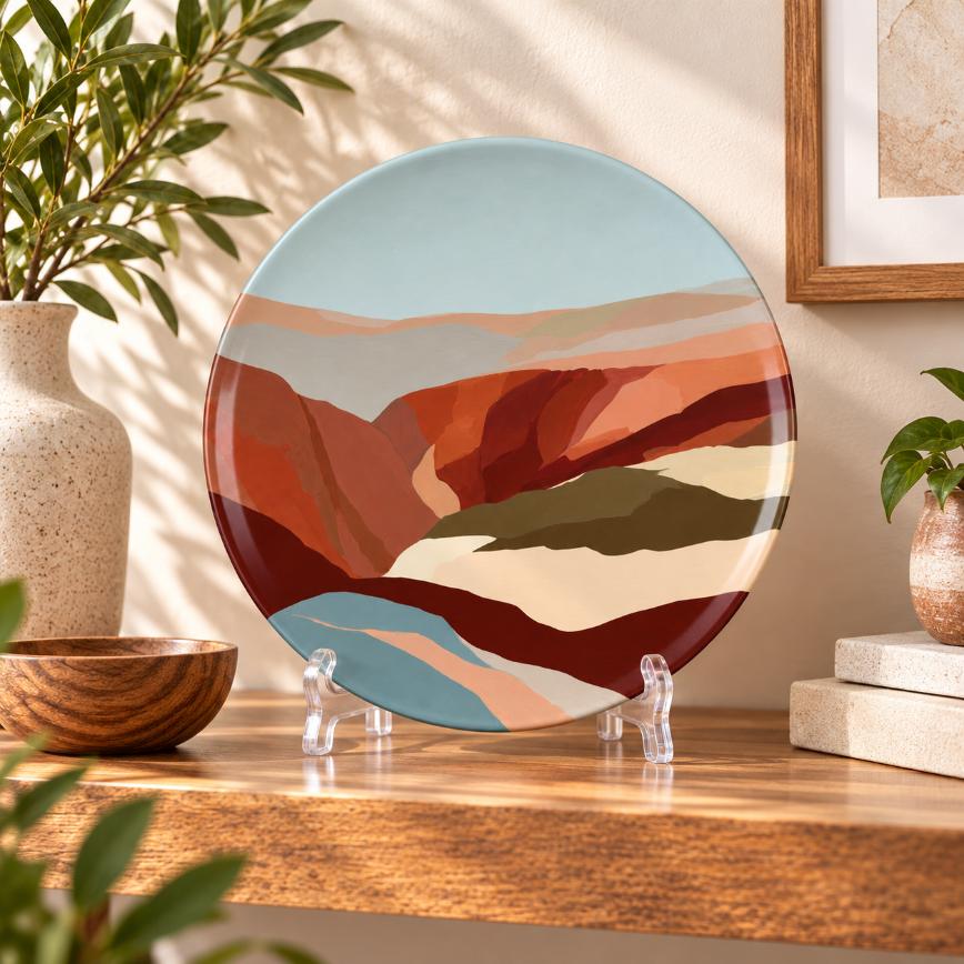Layered Desert Horizon Decorative Wall Plate on a tabletop stand