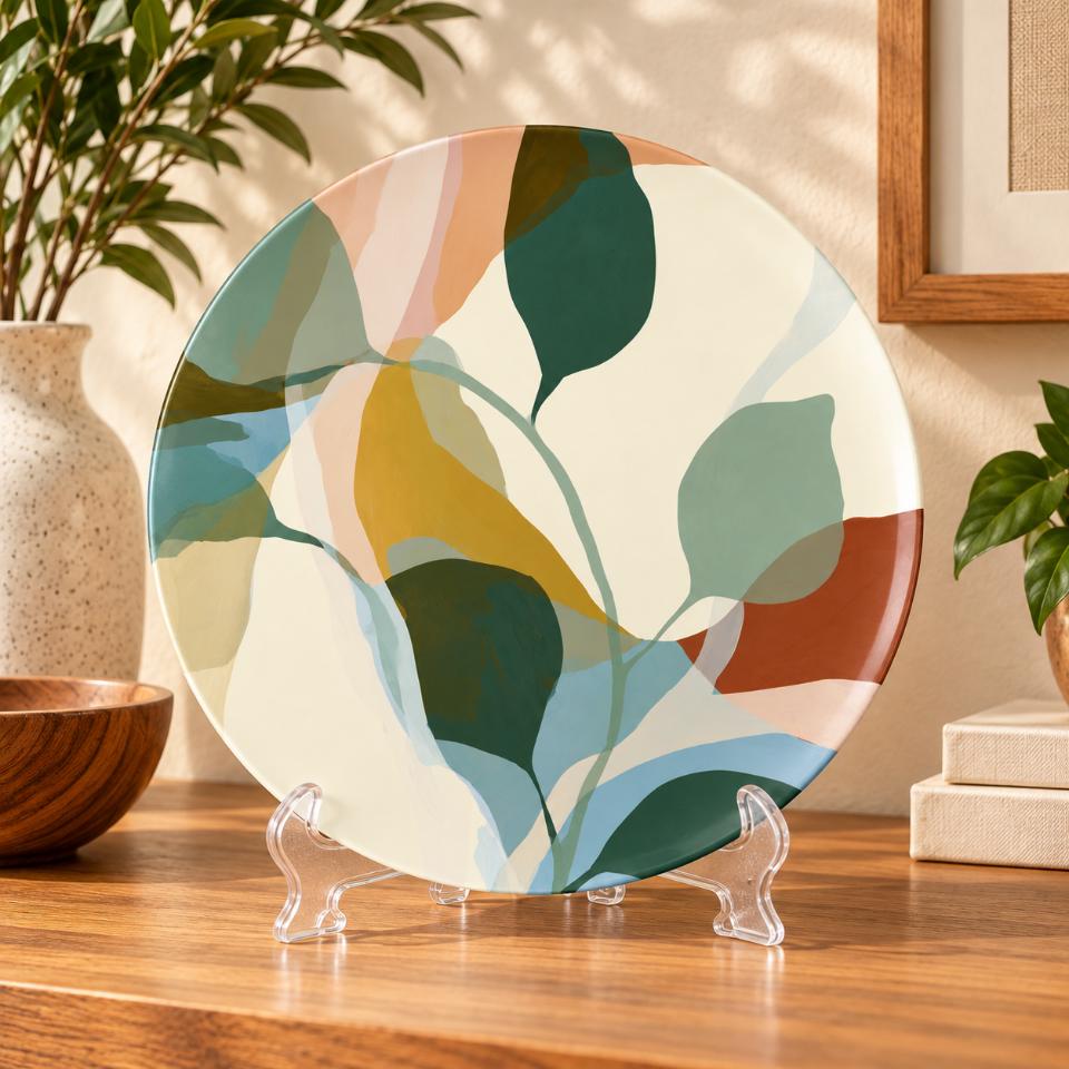 Translucent Botanical Leaves Decorative Wall Plate on a tabletop stand