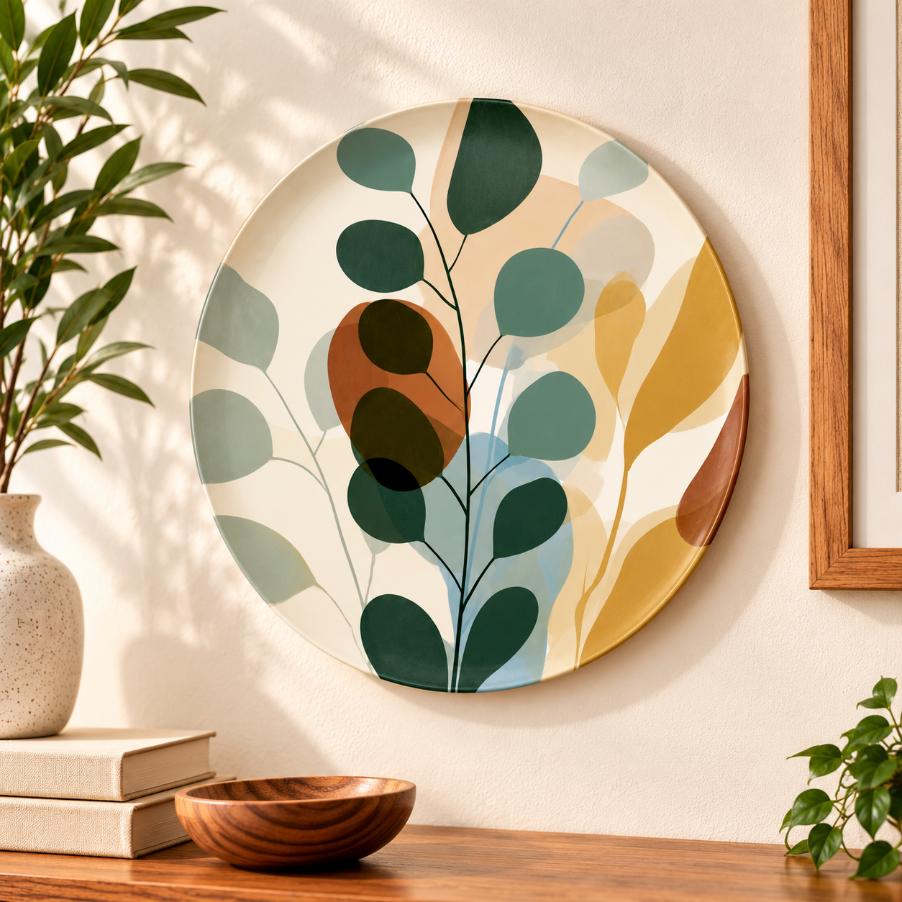 Eucalyptus Leaf Study Decorative Wall Plate displayed on a wall