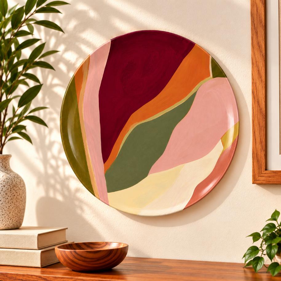 Terracotta Horizons Abstract Wall Plate displayed on a wall