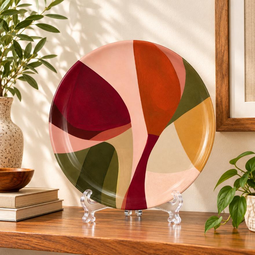 Terracotta Rose Abstract Wall Plate on a tabletop stand