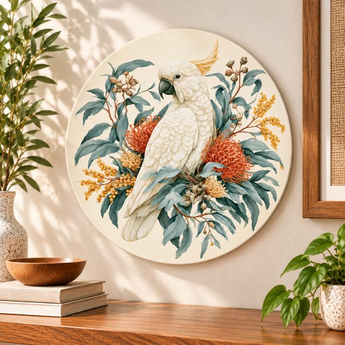 White Cockatoo and Native Blooms Wall Plate displayed on a wall
