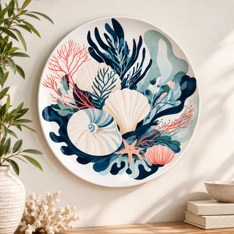 Coral Reef Shells Wall Plate displayed on a wall