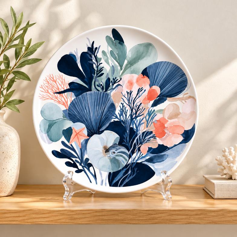 Seaside Shell Garden Wall Plate on a tabletop stand