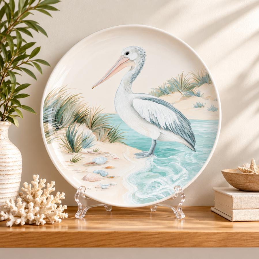 Serene Shore Pelican Wall Plate on a tabletop stand