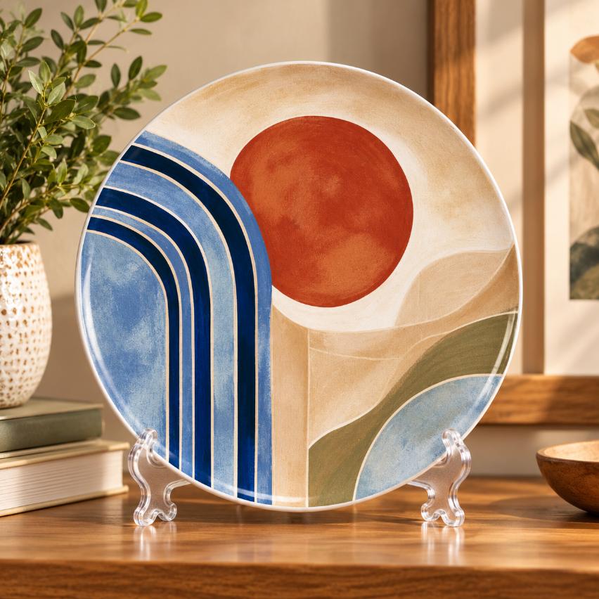 Terracotta Sun Modern Abstract Landscape Wall Plate displayed on a tabletop stand