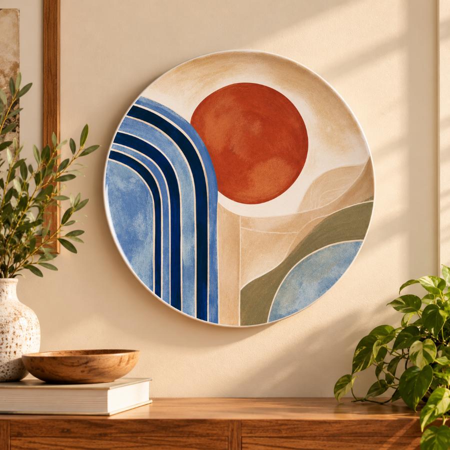 Terracotta Sun Modern Abstract Landscape Wall Plate displayed on a wall