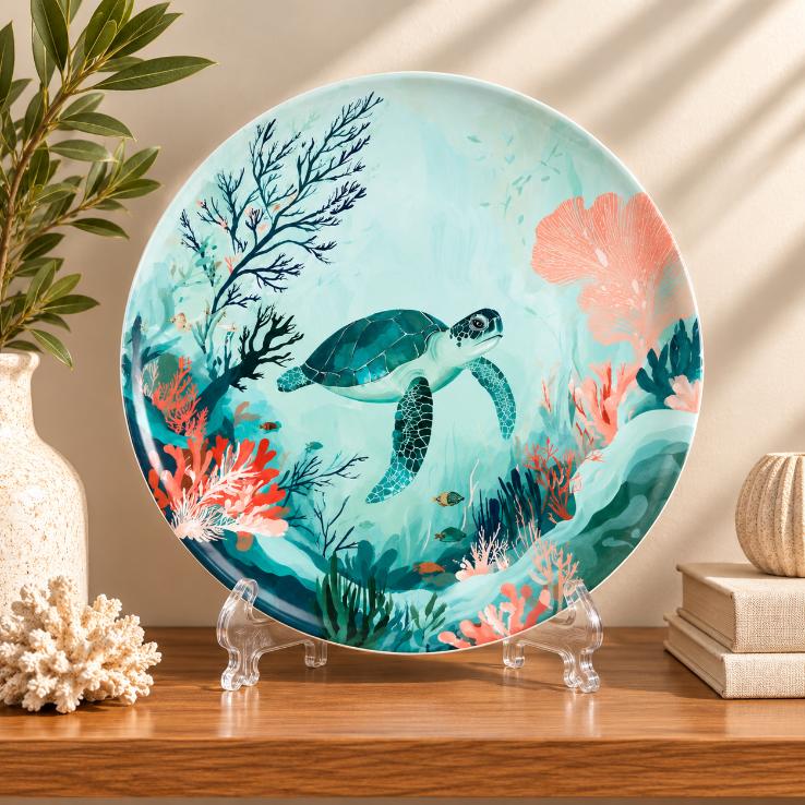 Tropical Turtle Coral Reef Wall Plate on a tabletop stand