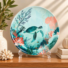 Tropical Turtle Coral Reef Wall Plate on a tabletop stand