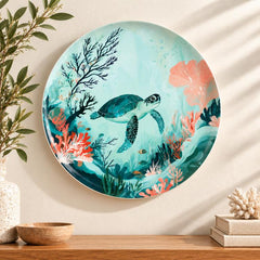Tropical Turtle Coral Reef Wall Plate displayed on a wall