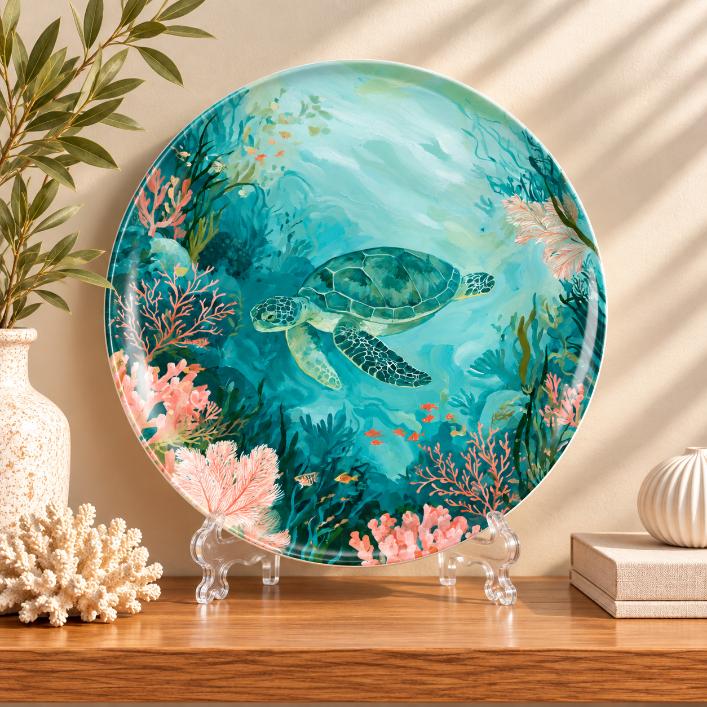 Turtle Turquoise Coral Reef Wall Plate on a tabletop stand