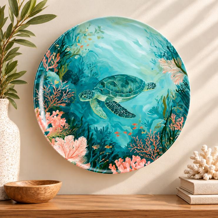 Turtle Turquoise Coral Reef Wall Plate displayed on a wall