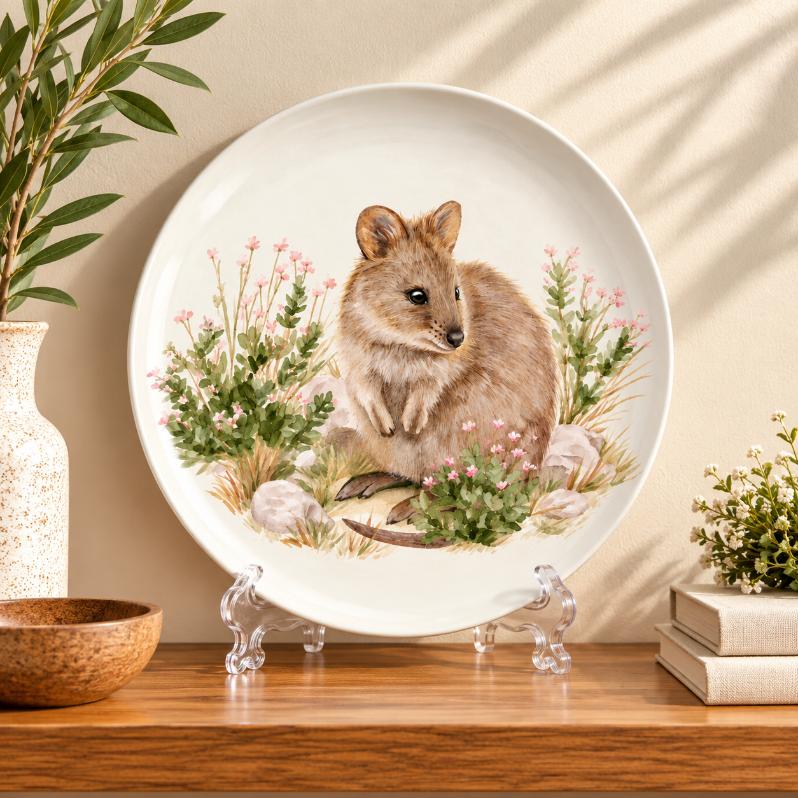 Gentle Nursery Animal Art Wall Plate on a tabletop stand