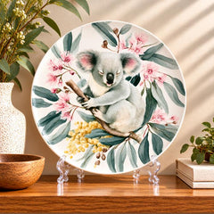 Koala Among Blossoms Wildlife Wall Plate on a tabletop stand
