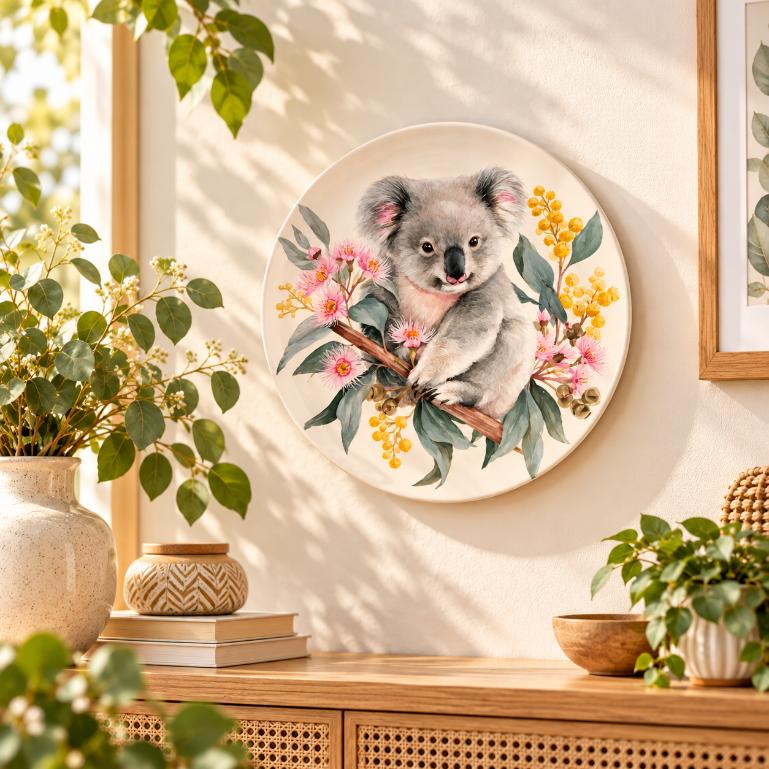 Curious Koala on Eucalyptus Blossoms Wall Plate displayed on a wall