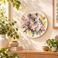 Curious Koala on Eucalyptus Blossoms Wall Plate displayed on a wall