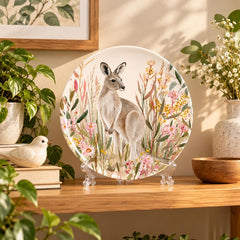 Kangaroo in Wildflowers Australian Wildlife Wall Plate on a tabletop stand