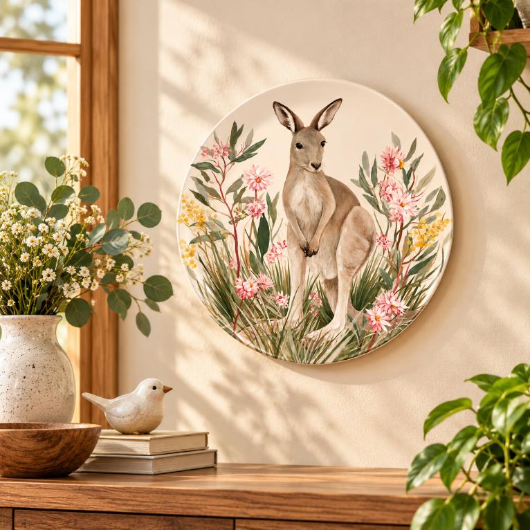 Kangaroo Among Wildflowers Australian Wildlife Wall Plate displayed on a wall