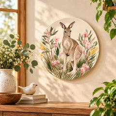 Kangaroo Among Wildflowers Australian Wildlife Wall Plate displayed on a wall