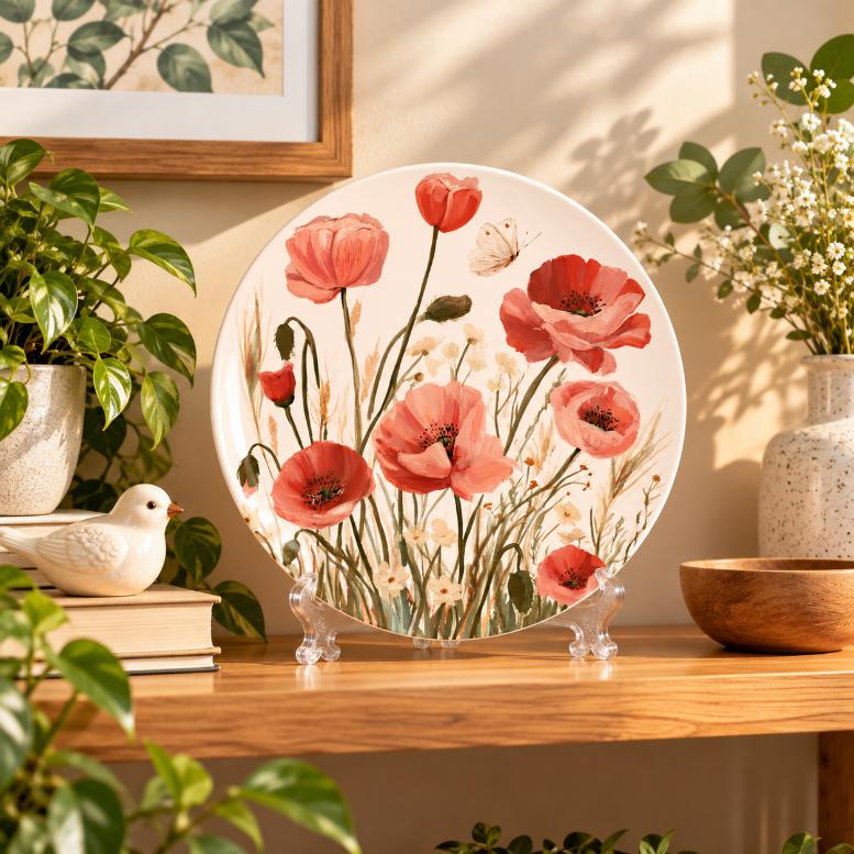 Coral Poppy Meadow Floral Wall Plate on a tabletop stand