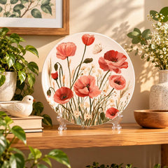 Coral Poppy Meadow Floral Wall Plate on a tabletop stand