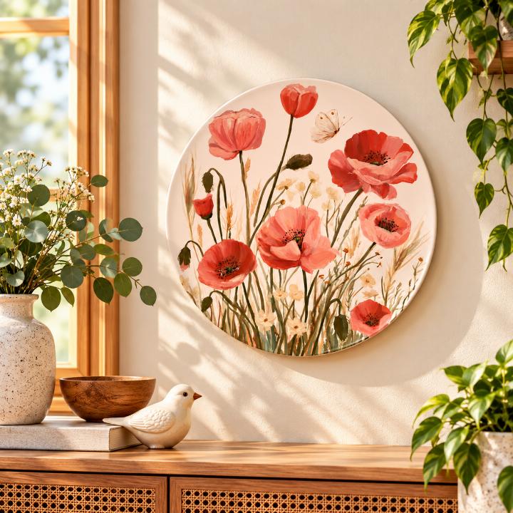 Coral Poppy Meadow Floral Wall Plate displayed on a wall