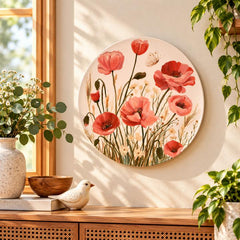 Coral Poppy Meadow Floral Wall Plate displayed on a wall