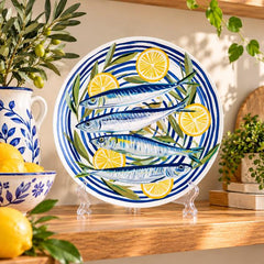 Mediterranean Sardines and Lemons Wall Plate on a tabletop stand