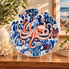 Coral Octopus Underwater Decorative Wall Plate on a tabletop stand