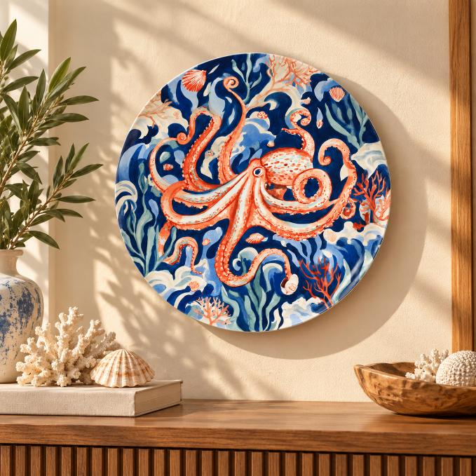 Coral Octopus Underwater Decorative Wall Plate displayed on a wall