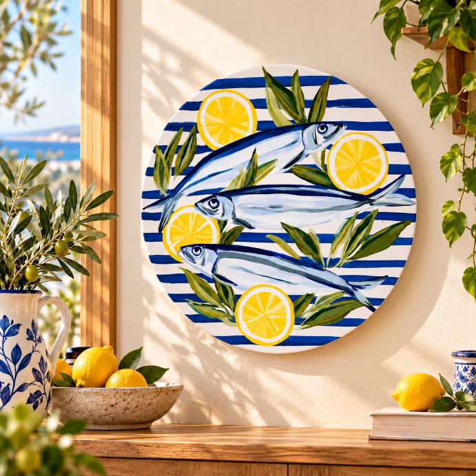 Mediterranean Sardines and Lemon Stripe Wall Plate displayed on a wall
