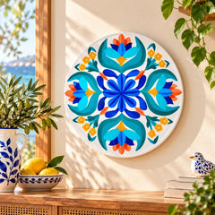 Turquoise Blue Folk Floral Wall Plate displayed on a wall
