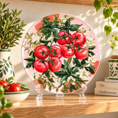 Pink Tomato Blossom Botanical Wall Plate on a tabletop stand