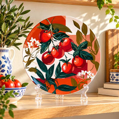 Red Tomato Garden Rustic Botanical Wall Plate on a tabletop stand