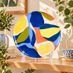 Cobalt & Sunlit Abstract Colour Wall Plate on a tabletop stand