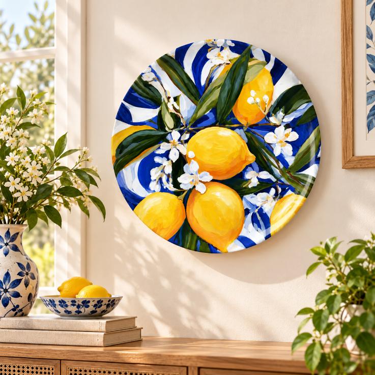 Mediterranean Lemon Blossom Wall Plate displayed on a wall