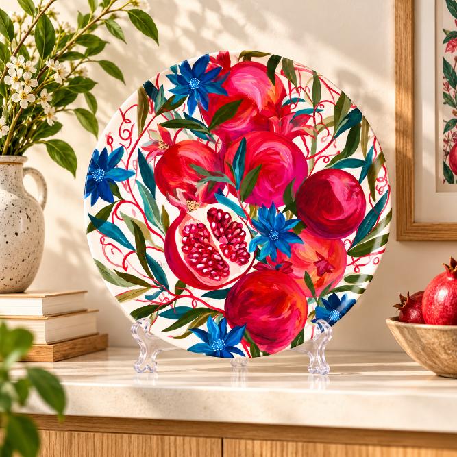 Ruby Pomegranate Floral Garden Wall Plate on a tabletop stand