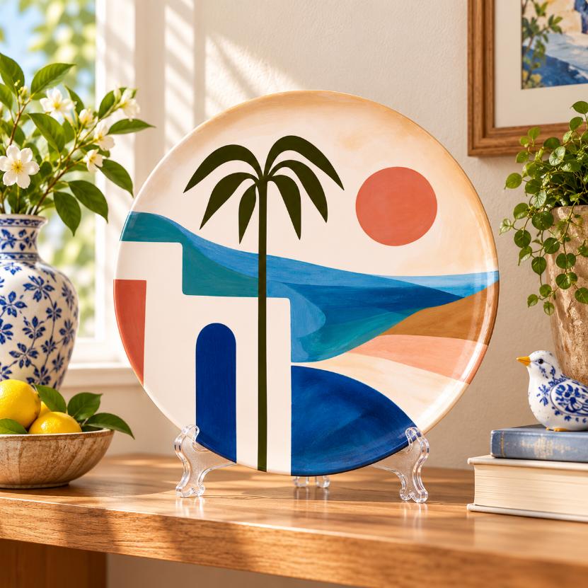 Coastal Sunset Palm Tree Wall Plate on a tabletop stand