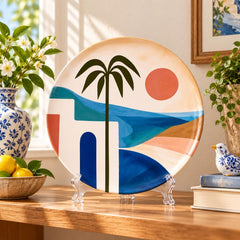 Coastal Sunset Palm Tree Wall Plate on a tabletop stand