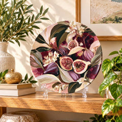 Fig & Pomegranate Harvest Wall Plate on a tabletop stand