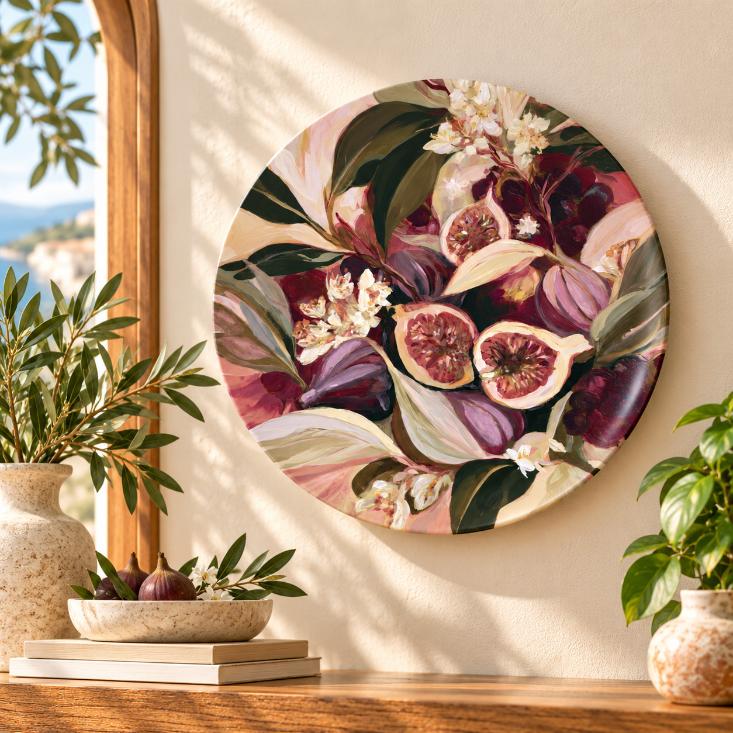 Fig & Pomegranate Harvest Wall Plate displayed on a wall