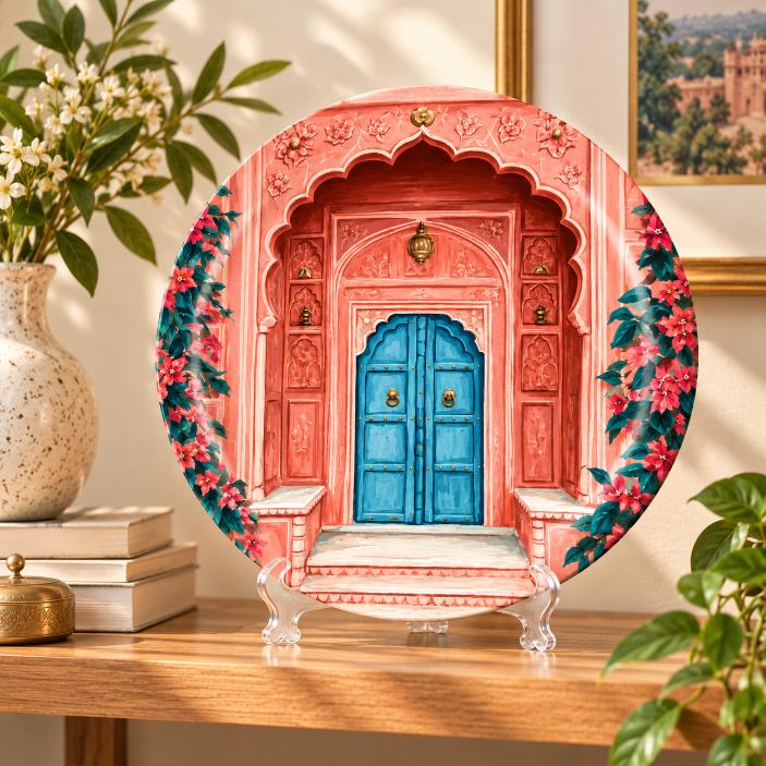 Jaipur Pink Haveli Blue Door Wall Plate on a tabletop stand