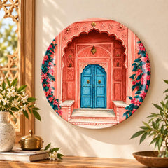 Jaipur Pink Haveli Blue Door Wall Plate displayed on a wall