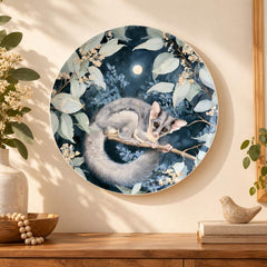 Moonlit Possum Eucalyptus Decorative Wall Plate displayed on a wall