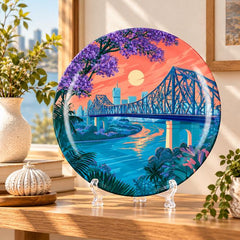 Brisbane Story Bridge Jacaranda Sunset Wall Plate on a tabletop stand