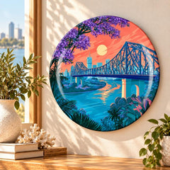 Brisbane Story Bridge Jacaranda Sunset Wall Plate displayed on a wall