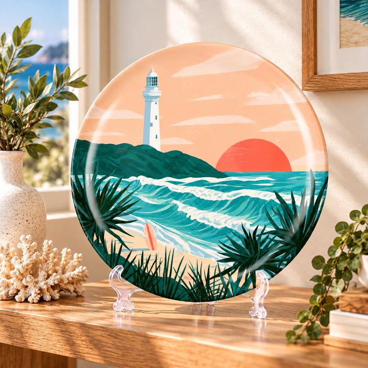 Lighthouse Turquoise Surf Sunset Wall Plate on a tabletop stand