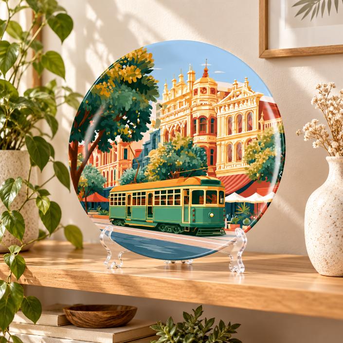 Heritage Tram & Grand City Streets Wall Plate on a tabletop stand